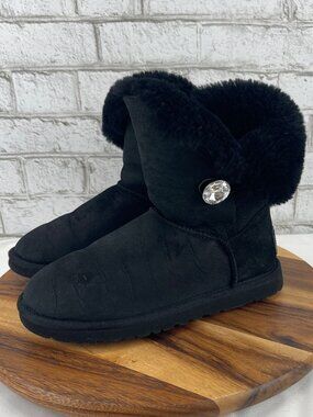 UGG 3349 Bailey Button Bling Womens Sz. 9 Black Suede Shearling Lined Boots